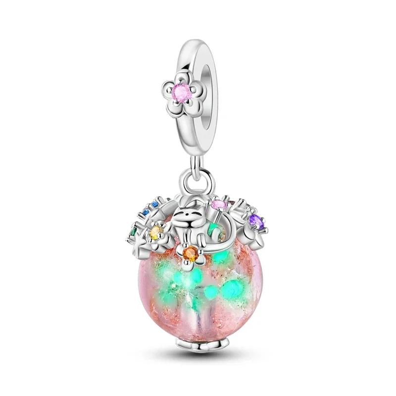 Copper Cute Pink Flowers Heart Pendant Beads Fit 4Mm Hole Diamete Charm Bracelet For Women Diy Jewelry Making Gift