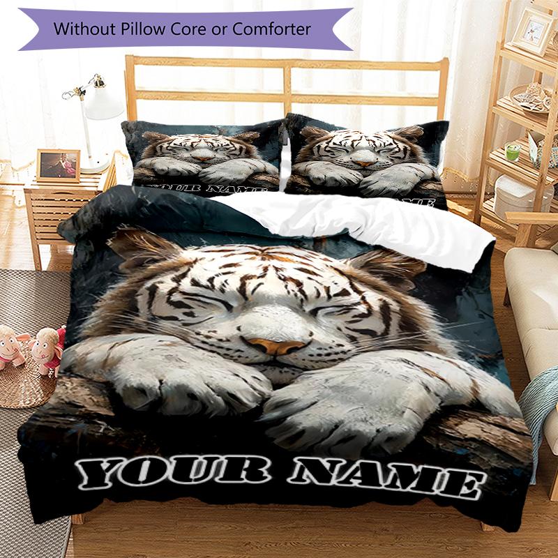 3PC Custom Name "White Tiger Dreams" Bedding Set Duvet Cover Closure Includes 1 Duvet Cover & 2 Pillowcases for Bedroom