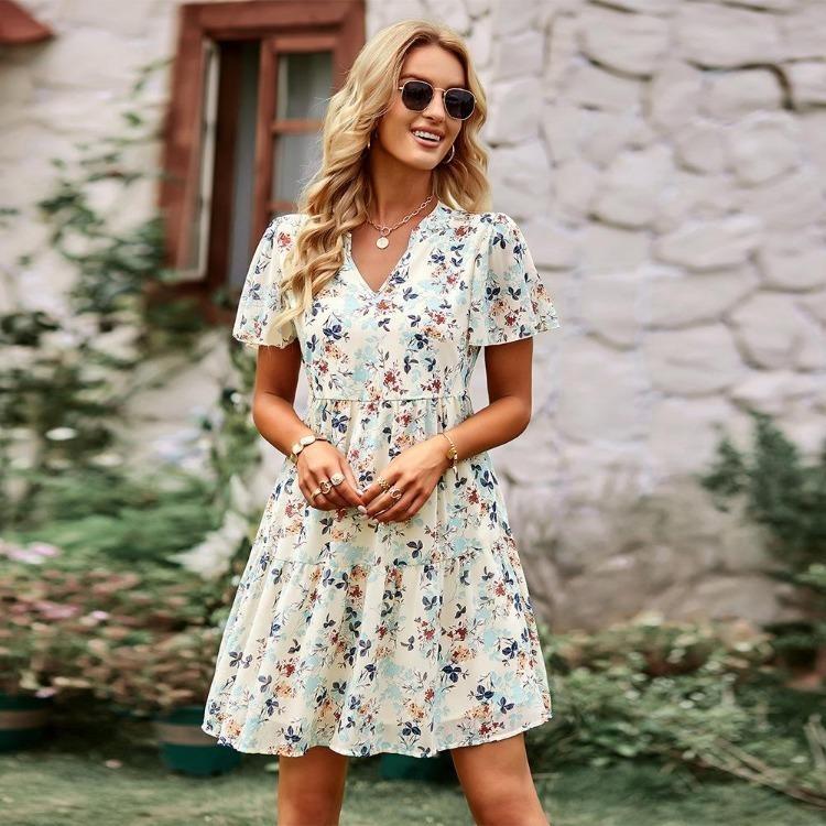 Spring Autumn Floral Print Loose Dress for Women Chic V Neck Short Sleeve Fashion Sizes S-XL