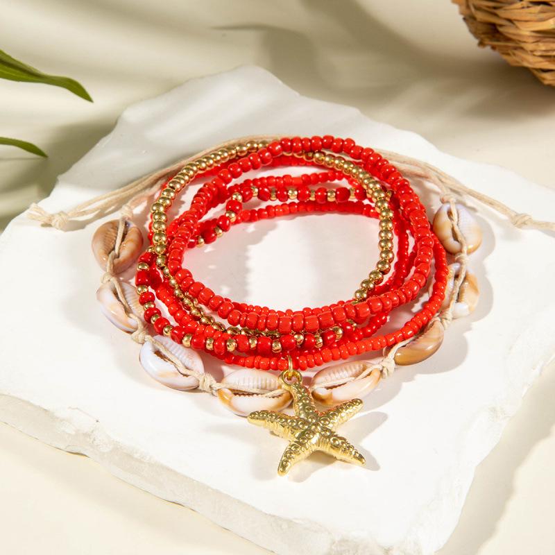 Bohemian holiday style acrylic shell woven anklet, beach style resin starfish anklet seven pieces
