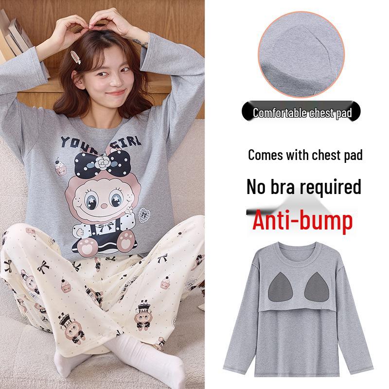 Piżama damska z długim rękawem i nadrukiem w kreskówkowe wzory, z wkładką na klatkę piersiową – uroczy komplet z okrągłym dekoltem do noszenia w domu lub na okrycia wierzchnie wiosną, jesienią i zimą