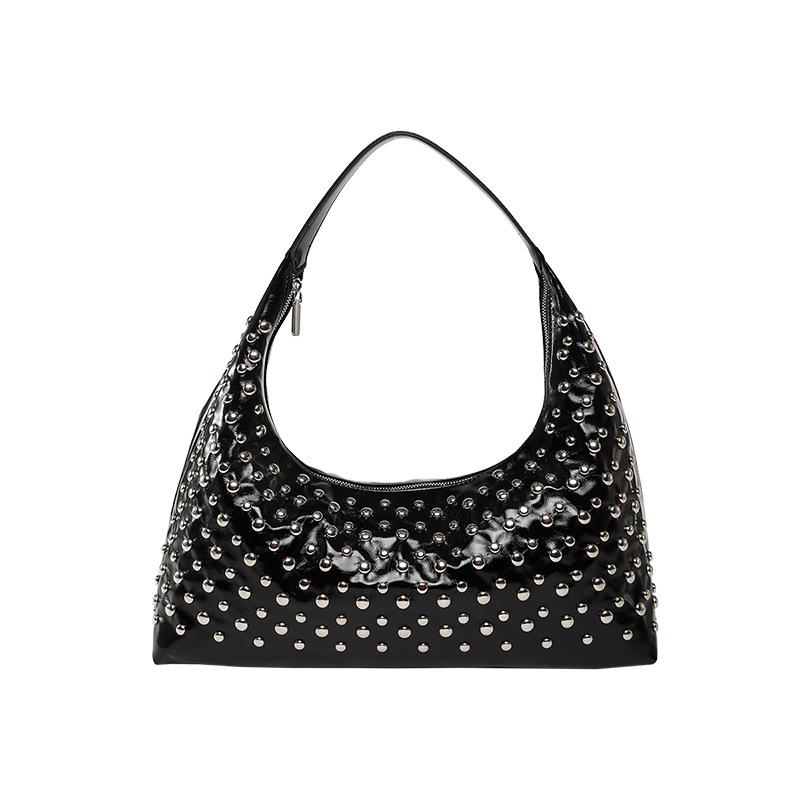 2025 Summer Luxury Vintage Underarm Bags Pu Leather Rivet Shoulder Bags Large Capacity Commuter Travel Shoulder Bag чёрный