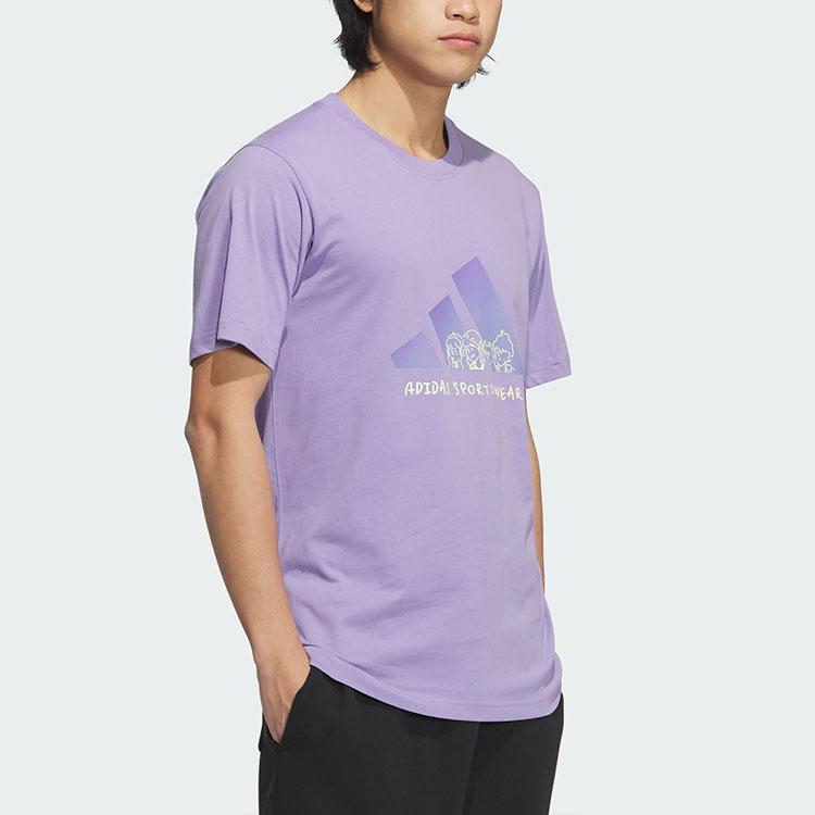 Adidas Graphic T-Shirt 3 Anime Print Letter Logo Round Neck Cotton Loose Fit Short Sleeve T-Shirt Men Tops Light-Purple JP4586