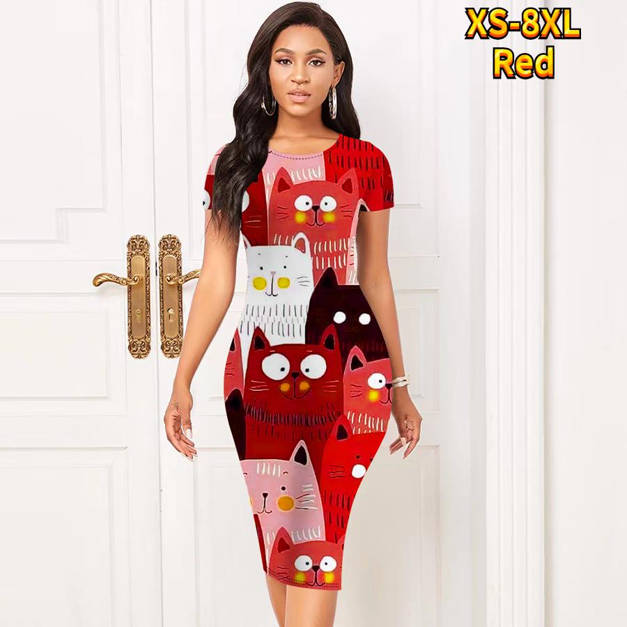 

Тонкое платье длиной до колена с коротким рукавом, модное женское платье миди с 3D милым котенком и принтом 8XL красный
