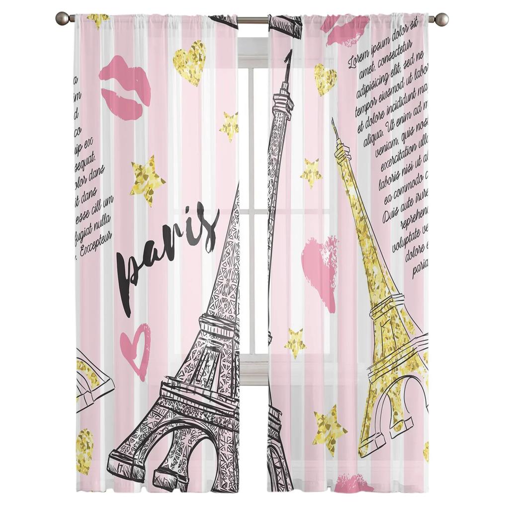 Eiffelturm Liebe Tüll Vorhänge für Schlafzimmer Halle Wohnzimmer Dekor Chiffon Vorhang für Balkon Küche Hause Vorhänge