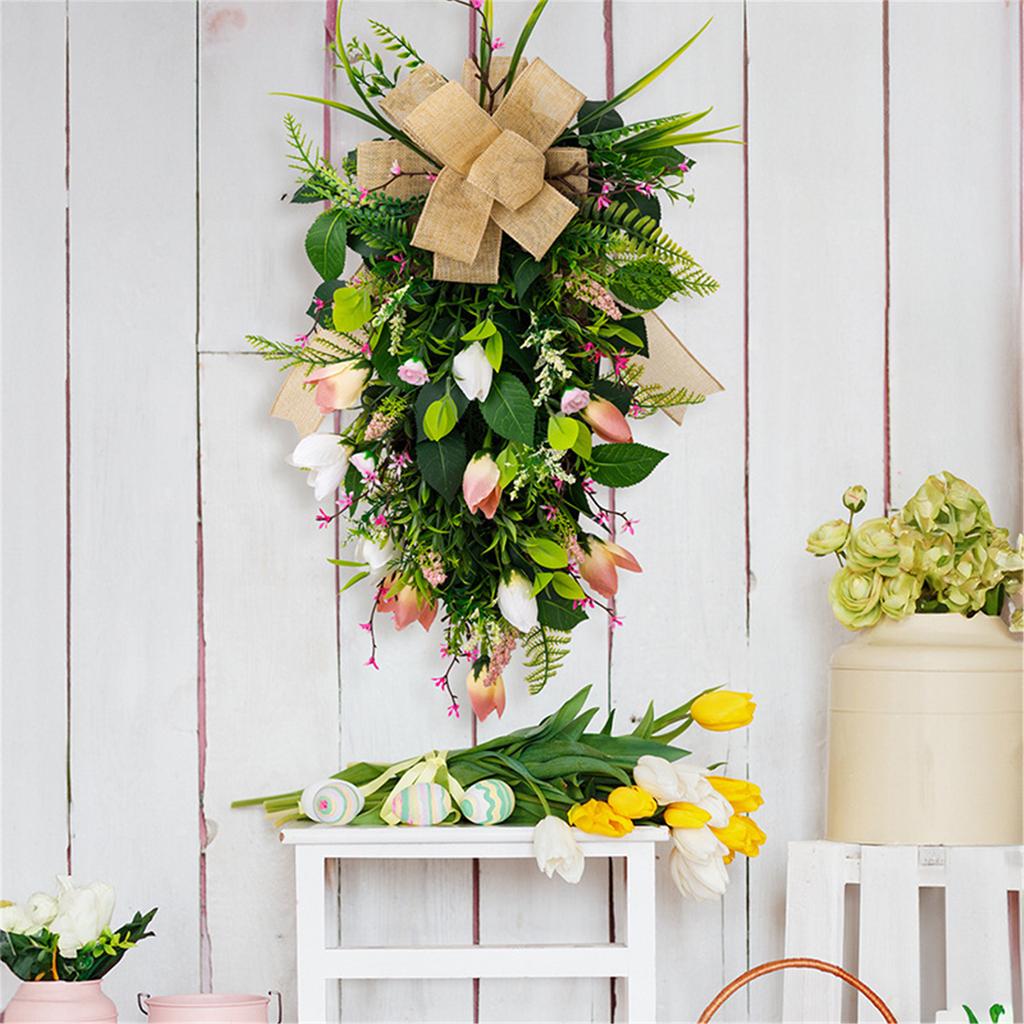 Spring Wreath Artificial Flower Wreath with Bowknot for Front Door Garden Window Outdoor Wedding Decorations