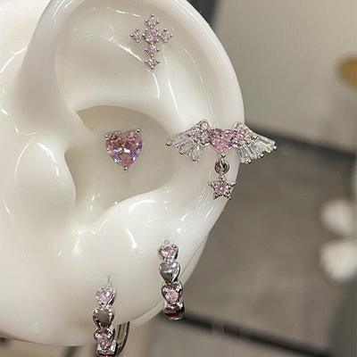 1 Pcs Pink Love Heart Wings Star Pendant Ear Bone Nail 316L Stainless Steel Piercing Earring Punk Jewelry Women Accessories