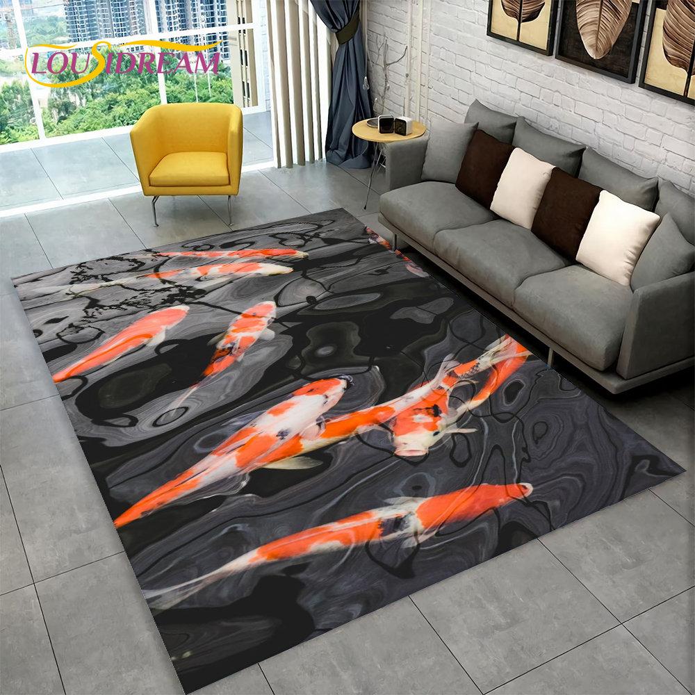 3D Pastoral Tai Chi Carp Fish Area Rug,Carpet Rug for Living Room Bedroom Sofa Doormat Decor,Kid Play Kitchen Non-slip Floor Mat