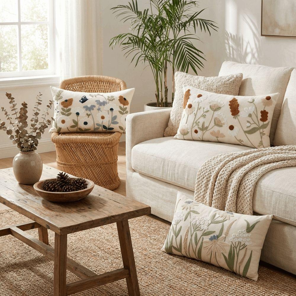 Pastoral Floral Embroidered Cushion Cover Canvas Throw Pillowcase Small Fresh Pillowslip  Bedroom