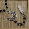 Hexagonal Long Strip Pendant Vintage Hollow Moon Necklace Black Rosary Neck Chain Accessories