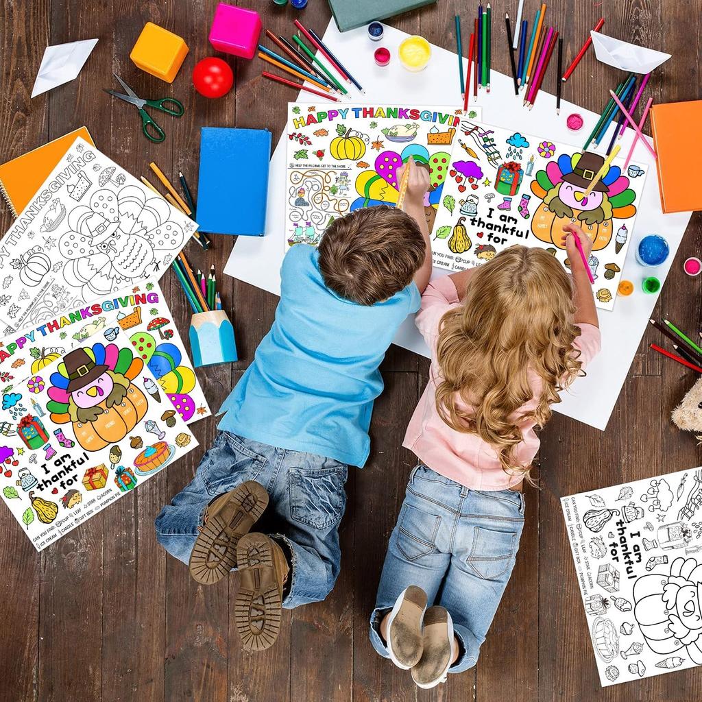 Thanksgiving Coloring Placemats 16PCS 14''x11'' Fall Thanksgiving Placemats for Kids to Color Thanks Giving Paper Table Mats Disposable Place Mats