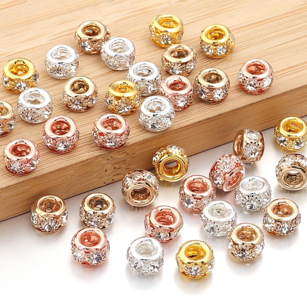 10pcs/lot Brass Rhinestone Metal Spacer Beads Big Hole Crystal Loose Beads For Jewelry Making DIY Necklace Bracelet Accessories