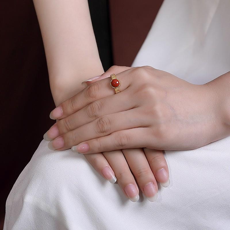 Adjustable Vintage Ethnic Style Red Agate Cloud Ruyi Ring Women Men Copper Jewelry With Retro Geometric Design