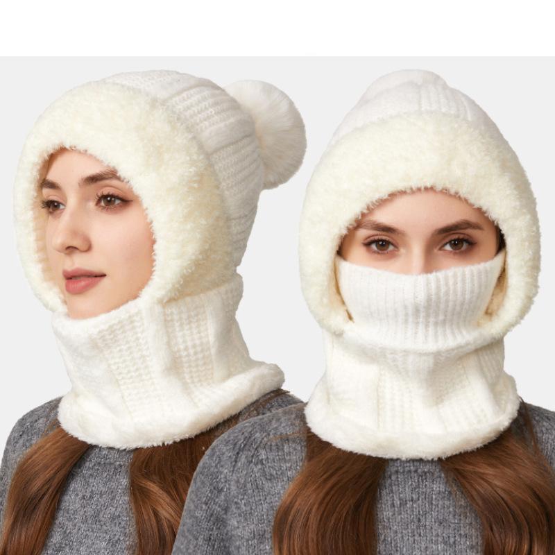 One-Piece Knitted Hat Women's Autumn Winter Thick Hat Scarf Mask One-Piece Wool Hat Cycling Windproof Warm Hat