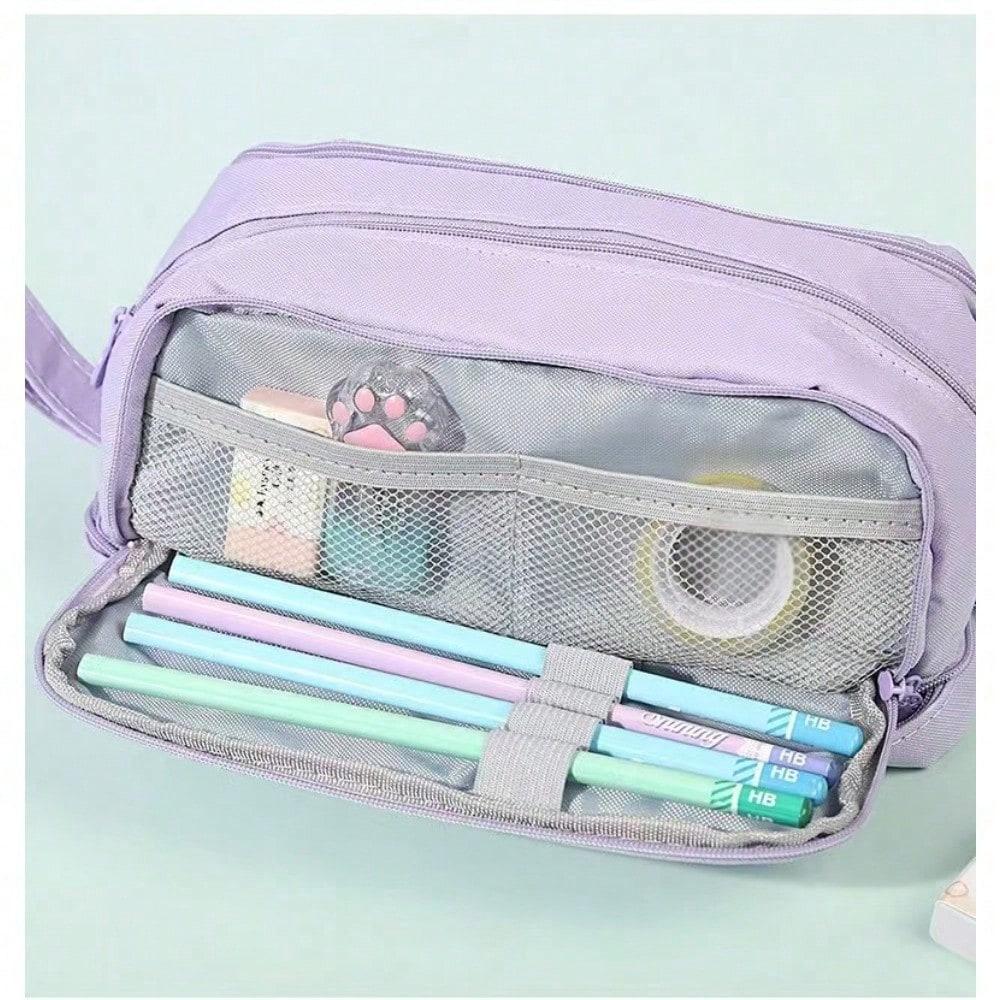 Double-layer Double-window Pencil Bag, Solid Color, Simple Multi-function, Large-capacity Storage Bag, Dirt-resistant Stationery Storage Bag