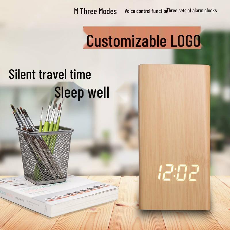 Multifunctional LED Voice-Activated Wooden Alarm Clock with Pen Holder Bamboo Wood White Digits