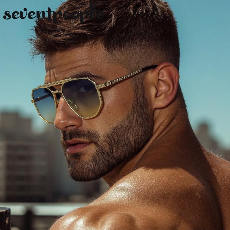 Classic Square Punk Sunglasses Men  Luxury Brand Vintage Metal Frame Polygon Sun Glasses Trendy Double Beam Shades For Male