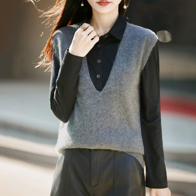 2026 Fall Womens V-Neck Knit Vest Silk Cashmere Wool Blend Sleeveless Top Solid Color Loose Fit