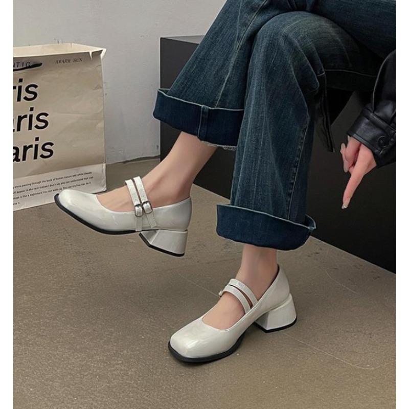 Fashion Spring Autumn Patent Leather Women Mary Jane Shoes Fashion Shallow Square Toe Pumps Casual Dress Chunky Middle Heel Women Shoes