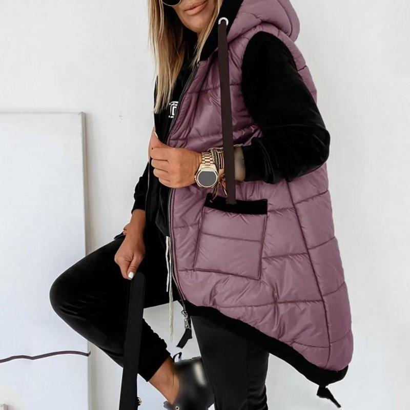 Womens Oversized Hooded Puffer Vest With Dual Front Pockets Winter Warm Cotton Blend Sleeveless Coat