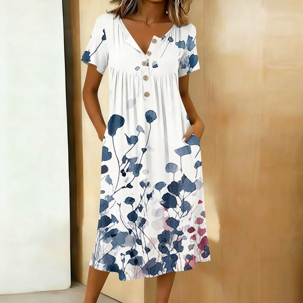 Women's Fashionable Retro Printed Round Neck Short Sleeved Button Neck Mid Length Casual Dress