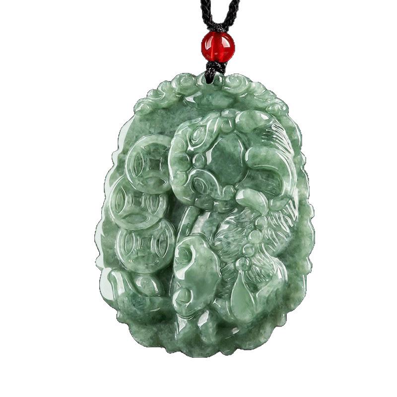 Natural Grade A Jade Pixiu Pendant Necklace with Icy Jadeite Three Golden Coins