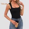 Women Summer Vest Square Collar Wide Shoulder Strap Sleeveless Tank Tops Solid Color Slim Fit Ribbed Camisole