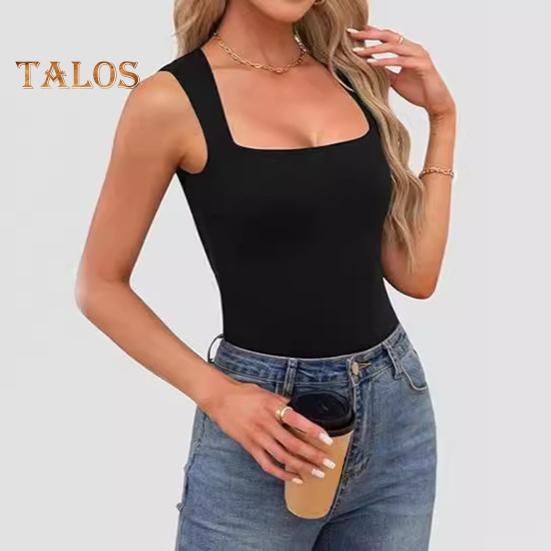 Dámské letní vesta s čtvercovým límcem, širokým ramenním popruhem, bez rukávů, tílko, jednobarevné, slim fit, žebrované, tílko