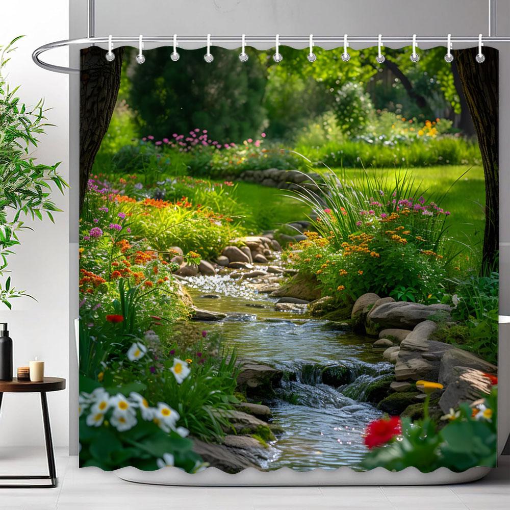Mediterraner Wald Wasserfall Naturlandschaft Duschvorhang Polyesterstoff Waschbar Badvorhang Badezimmer Dekoration Mit Haken
