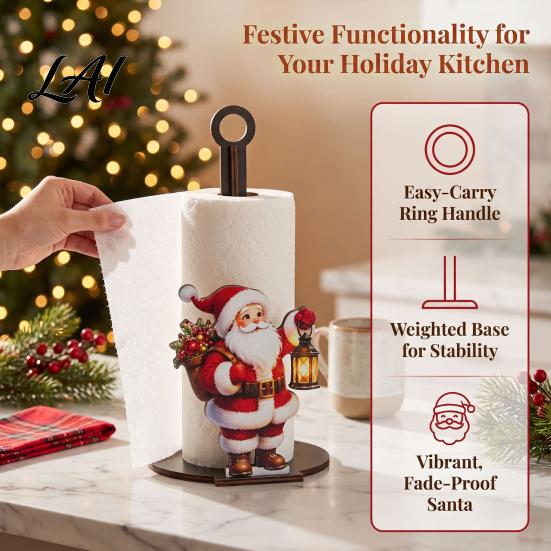 Wooden Kitchen Roll Dispenser Christmas Paper Towel Holder Decorative Vertical Dispenser Festive Countertop Stand Stable Weighted Base Organizer for