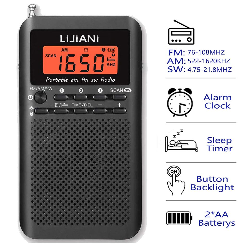 Compact Portable Radio for FMAMSW, Uses Two AA Batteries, Features Backlit Buttons for Nighttime Use, Digital Clock, Alarm Clock, and Sleep Timer