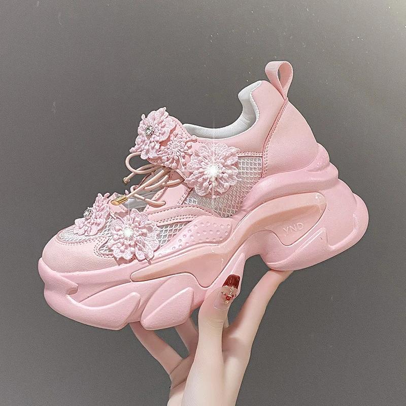 Fashion Women Platform Casual Breathable Crystal Flower Shoes Summer Chunky Sneakers 7.5CM Hidden Heels Hollow Leisure Shoes Woman