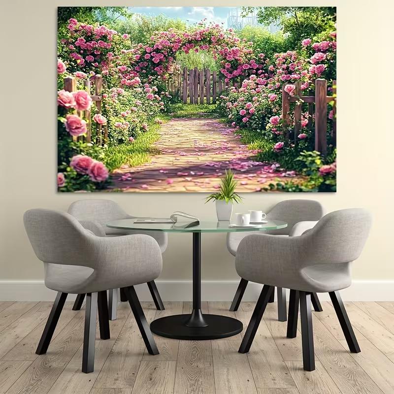2D Pink Rose Garden Path Photography Backdrop Floral Fence Background