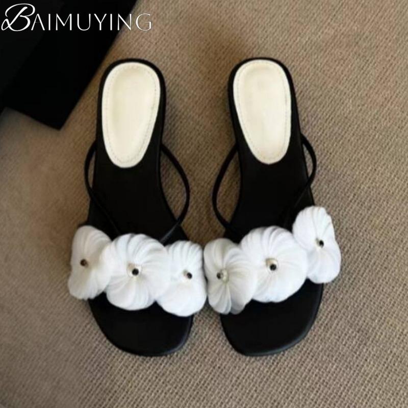 Fashion Flower Casual Flip Flops Shoes Woman Clip Toe Slippers Square Toe Women Heeled Sandals 2025 Trend Summer Elegant Dress Sandalias