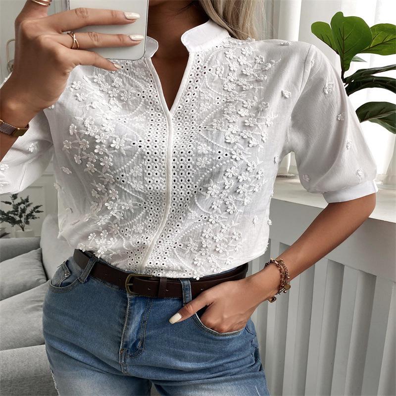 European and American Summer 2024 Women's V-neck Embroidered Lace Top Shirt
