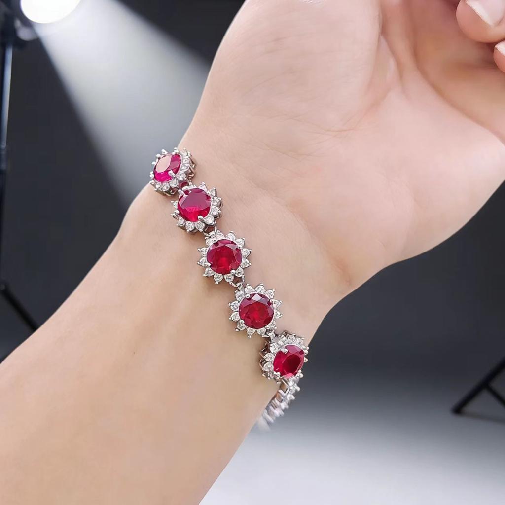 Stylish Full Diamond Sunflower Colored Treasure Bracelet Simulation Ruby Emerald Gemstone Bracelet High-End Design Jewelry