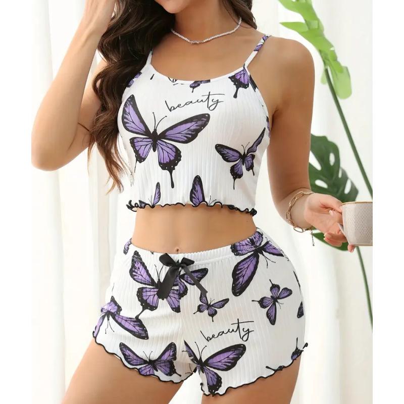 Butterfly Print Sexy Pajama Set: Comfortable Camisole and Shorts for Women