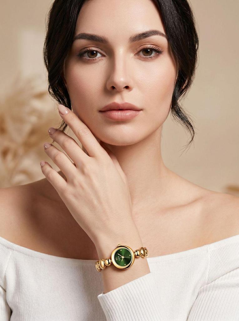 Gedi Women's Retro Waterproof Watch with Smooth Metal Beaded Strap and Exquisite Round Dial.