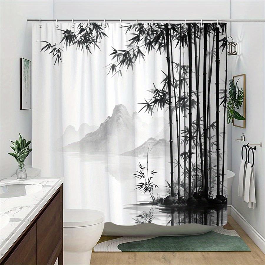 1Pc Black And White Bamboo Forest Mist Pattern Shower Curtain, Machine Washable Polyester With Hooks, Bathroom Decoration