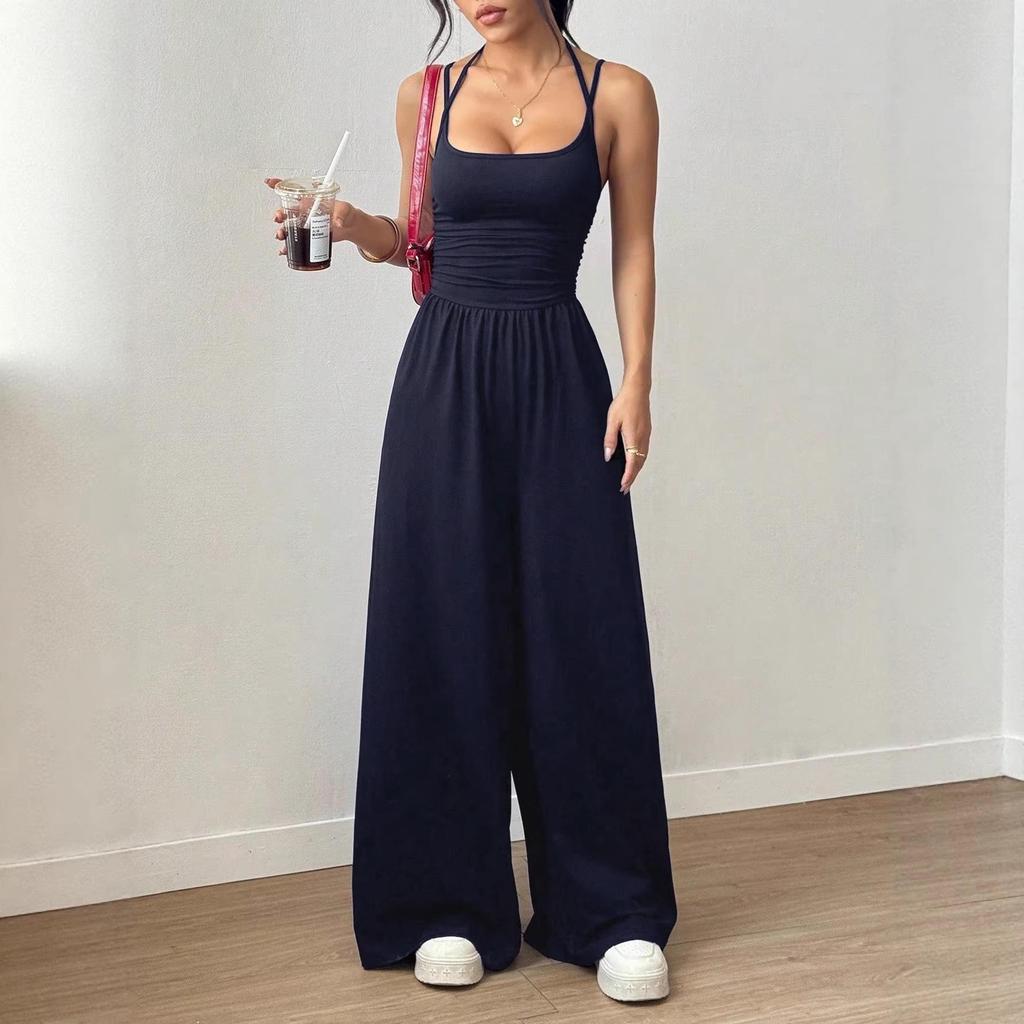Women's European & American Casual Summer Spaghetti Strap Bandeau Jumpsuit - Solid Color, Wide Leg, Loose Fit
