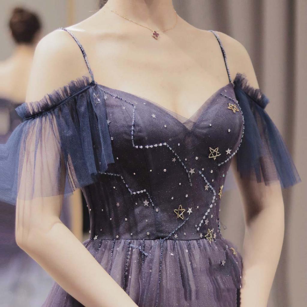 One-word collar hanging dress 1011 new dress with stars and moon engagement dress toast dress long banquet evening dress