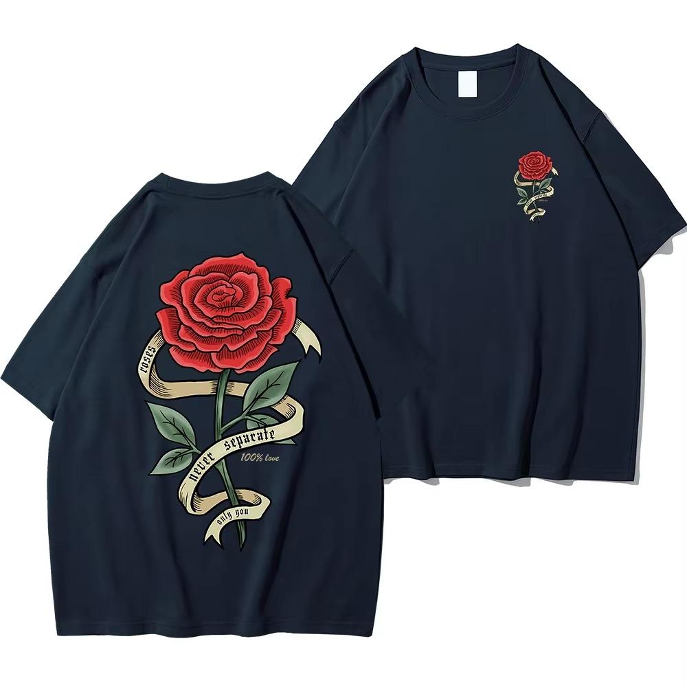Rosas vermelhas envoltas em fitas roupas de impressão masculinas algodão respirável camiseta roupas grandes casuais camisetas soltas manga curta