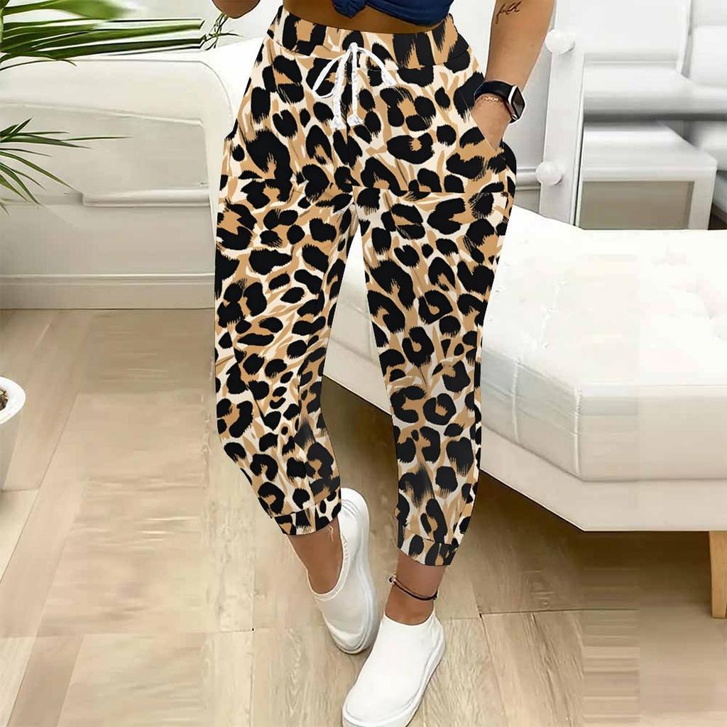 Summer Ladies Leopard Print Printed Sweatpants Loose Fit Drawstring Joggers Elastic Cuff Daily Casual Pants