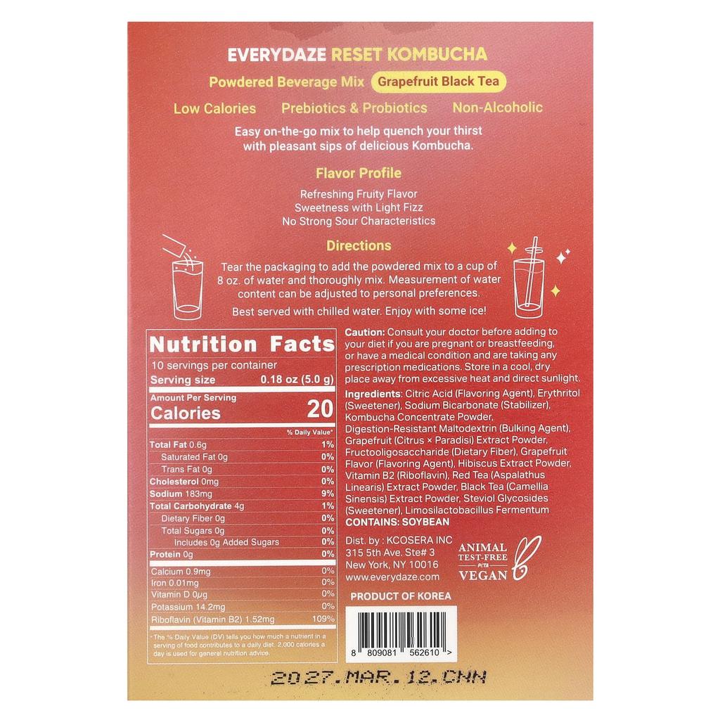 Everydaze Reset Kombucha, Powdered Beverage Mix, Grapefruit Black Tea, 10 Packets, 0.18 Oz (5 G) Each
