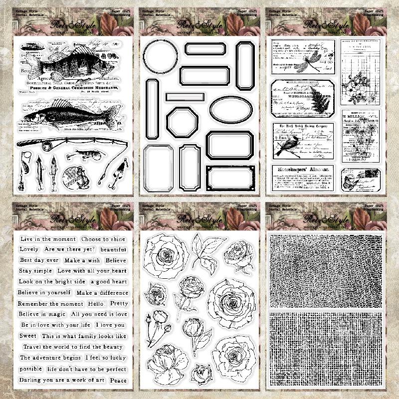 1SET hand account transparent silicone seal retro background basic seal DIY decorative hand account rubber stamp mushroom manuscript paper