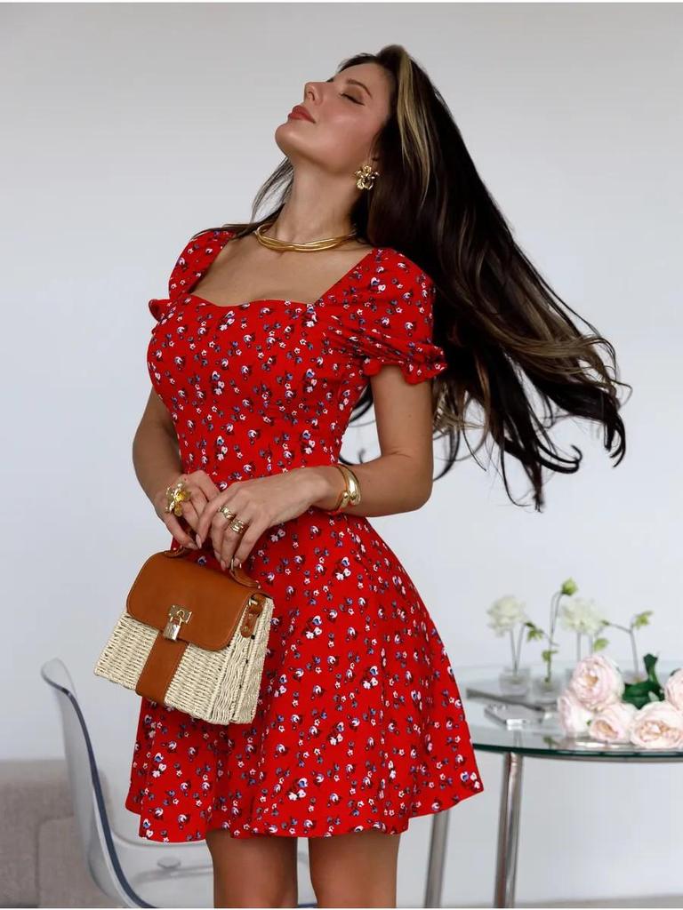 European & American Summer Floral Puff Sleeve Dress with Waist-Cinching Square Neck