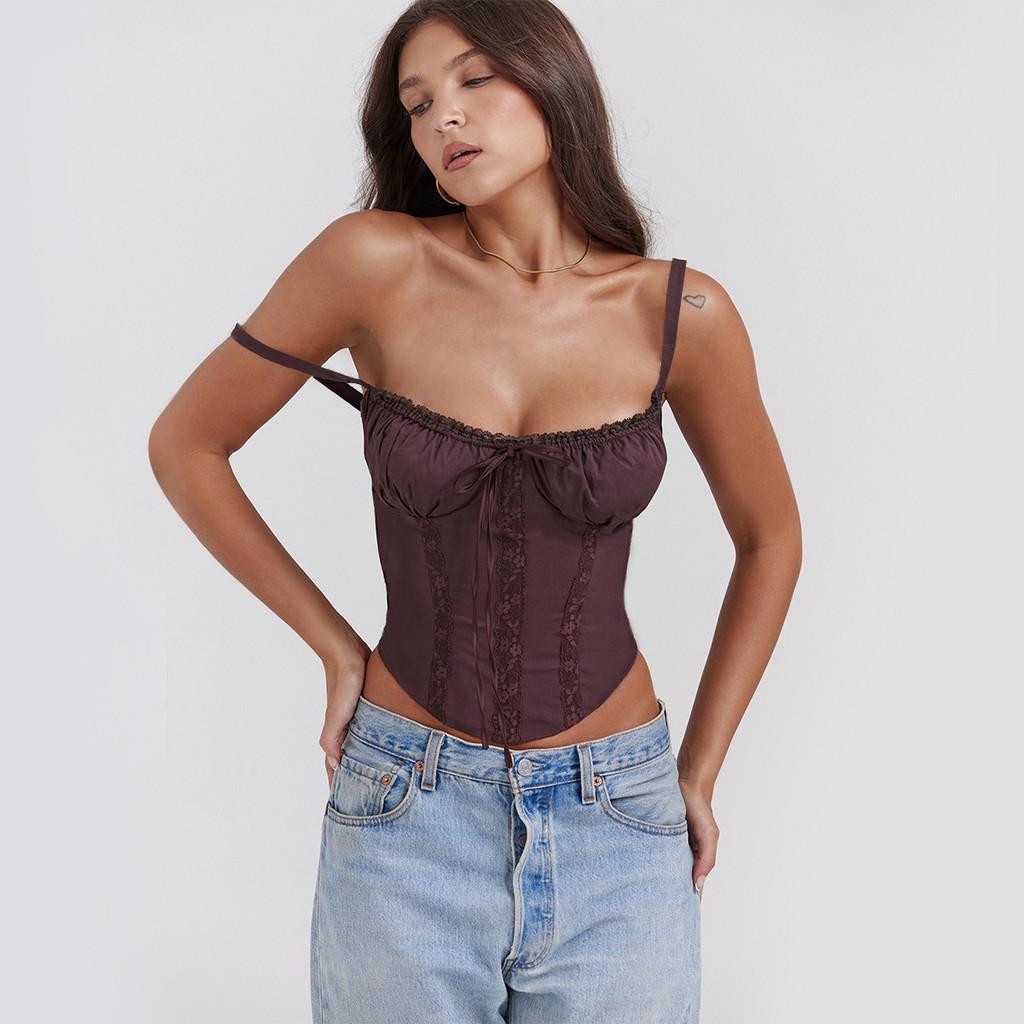 Summer Lace Spliced Bandage Sexy European Top For Women With Slim Fit Style