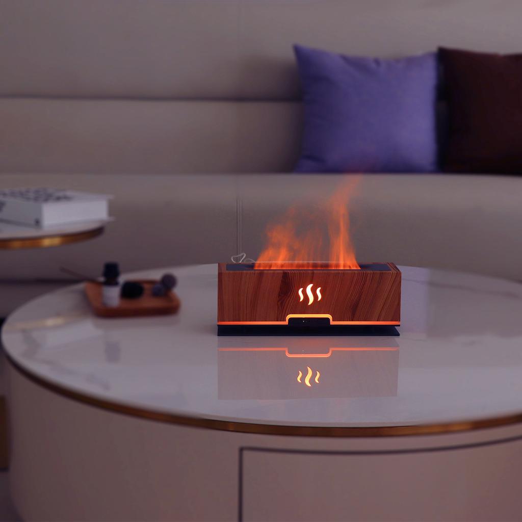 Flammen-Luftbefeuchter und Aromatherapie-Diffusor mit LED-Atmosphärenlicht für Zuhause und Büro für eine entspannende Atmosphäre