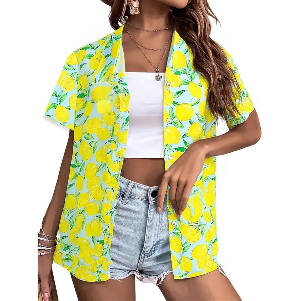 Summer Women's Shirt 3D Printed Hawaiian Shirts Button Up Beach Vacation Shirts Short Sleeve Shirt Casual Lapel Blouse For Women