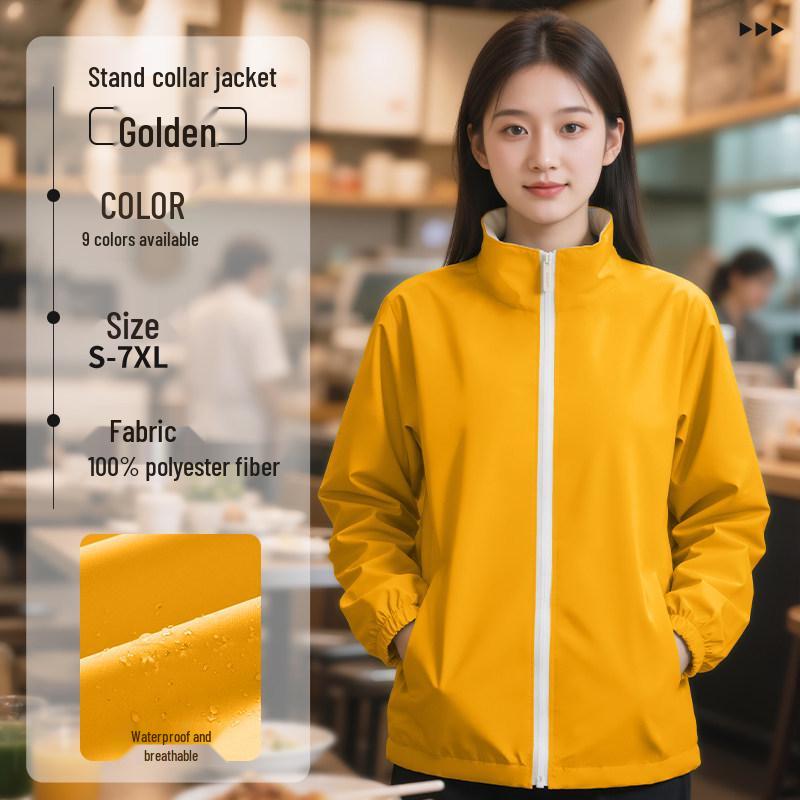 Custom Outdoor Work Jacket for Catering: Restaurant, Milk Tea, Coffee Waiter Uniform with Zipper and Logo Print.